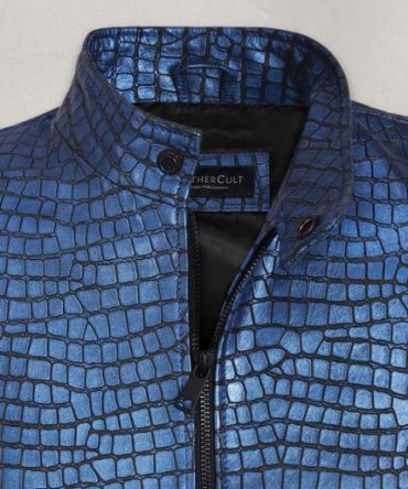 Royal Blue Crocodile Patterned Lambskin Leather Jacket - Bold & Luxurious