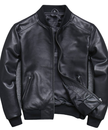Men's Classic Black Leather Bomber Jacket,