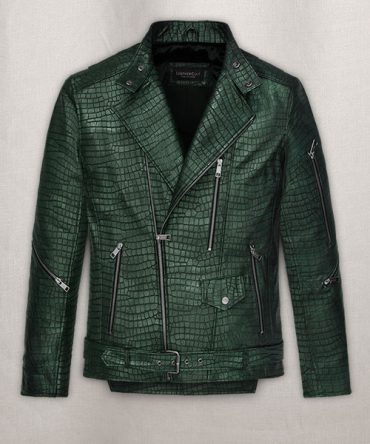 Men's Green Crocodile-Textured Leather Biker Jacket
