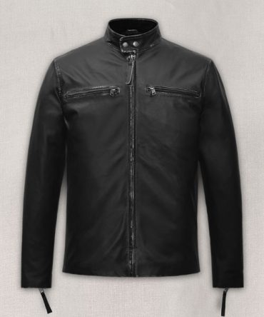 Men's Rugged Black Leather Jacket with Chest Zipper Pockets