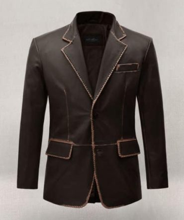 Men's Elegant Brown Leather Blazer with Contrast Stitching