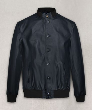 Men's Deep Blue Button-Up Leather Jacket with Ribbed Hem