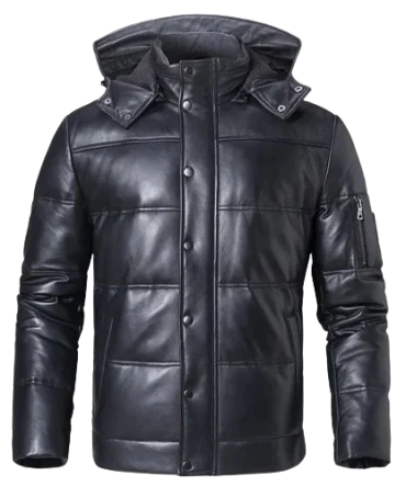 Men's Black Quilted Leather Jacket with Detachable Hood