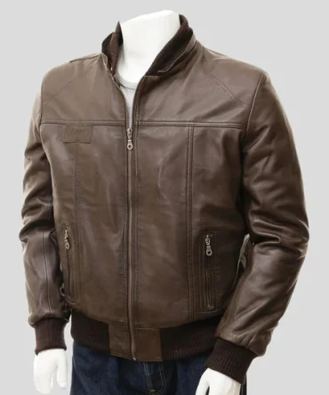 Men’s Brown Leather Bomber Jacket with Removable Hood