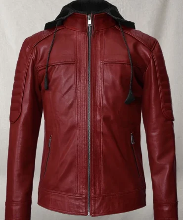 Men's Red Leather Jacket with Removable Hood
