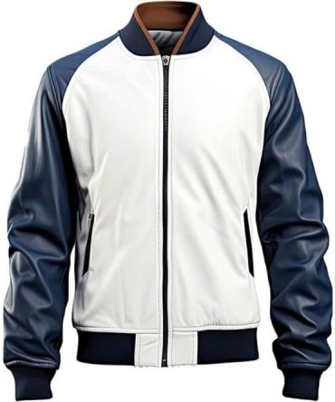 Men’s White Navy Blue Genuine Sheepskin Bomber Baseball