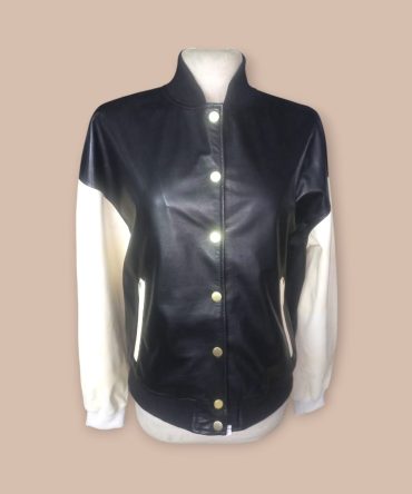Mae Premium Leather Varsity Jacket with Contrast Sleeves