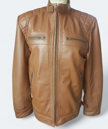 Modern Tan Leather Jacket with Quilted Shoulder Design