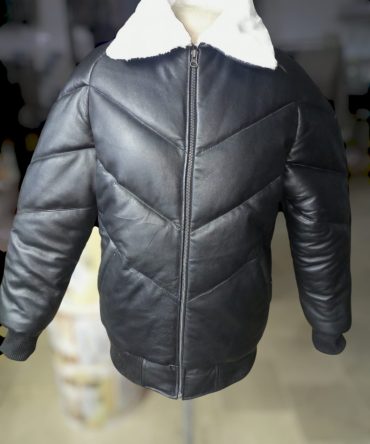 Men's Black Lambskin Leather Puffer Jacket - Premium with White Shearling Collar